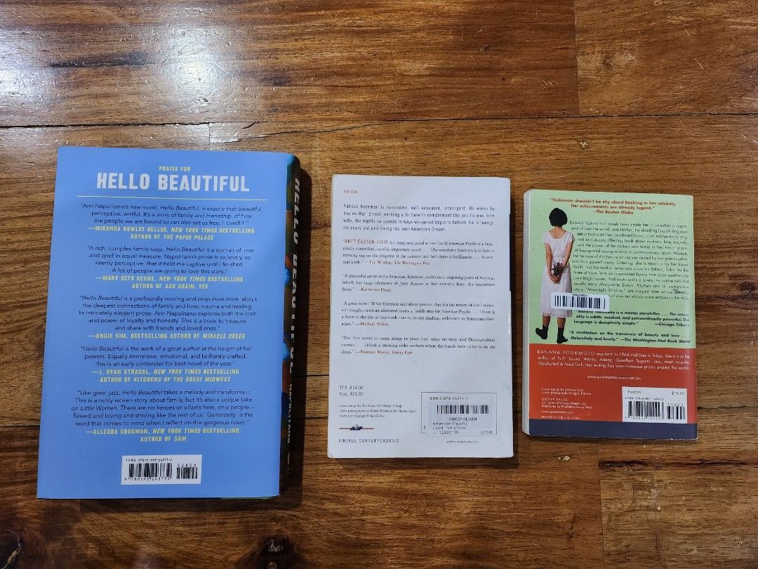 Banana Yoshimoto and Hello Beautiful (Category: Storybooks) located in Quezon City. Submitted by essinea (Listing ID 1268035388, Image 2). Description: PLS MAKE READING A HABIT. READ BELOW BEFORE MESSAGING. AVAILABLE. Those sold are marked sold. Those not marked sold are not yet sold, and thus, available. Buyer arranges shipping. Ann Napolitano - Hello Beautiful (HB bnew) - P1000 ❌SOLD. Bret Easton Ellis - American Psycho ❌SOLD. Banana Yoshimoto 