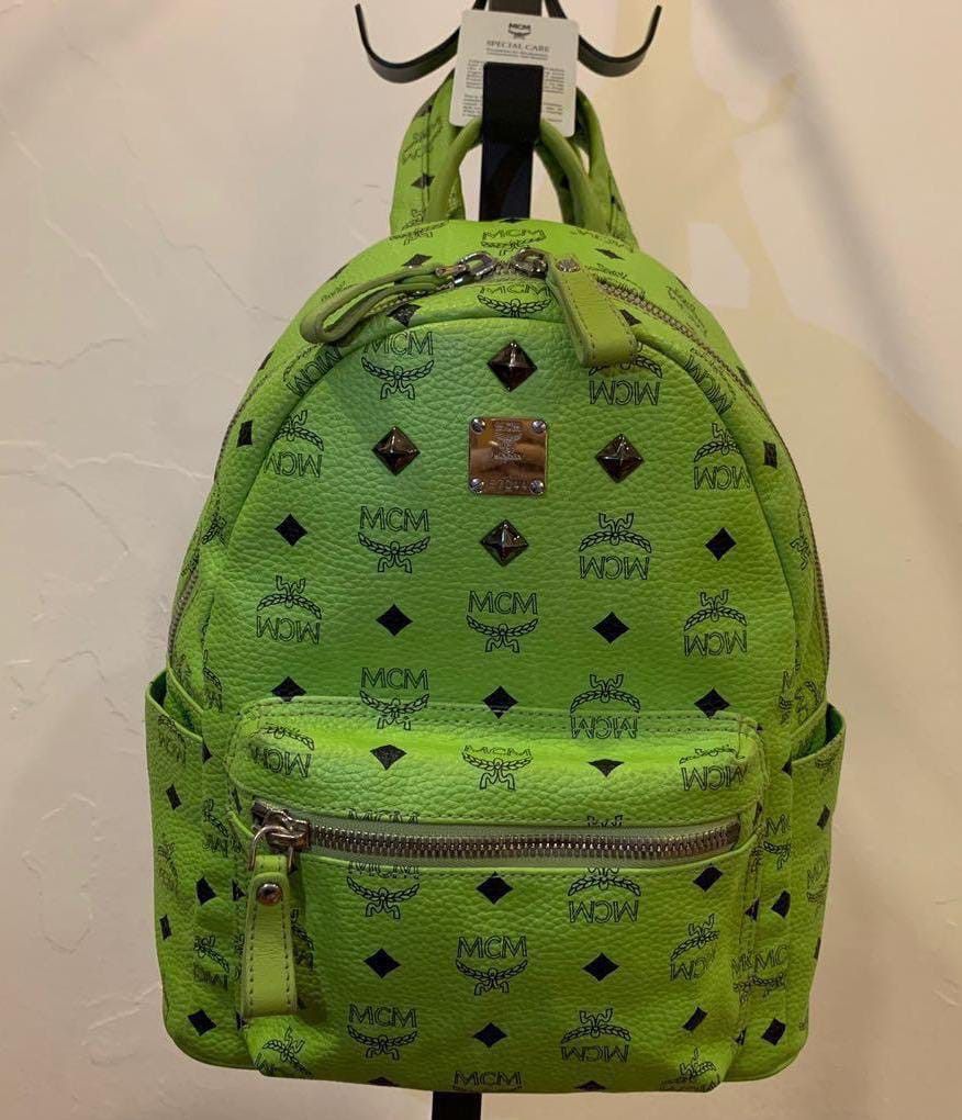 Authentic MCM bagpack Rare lime green colour Barang Mewah Tas
