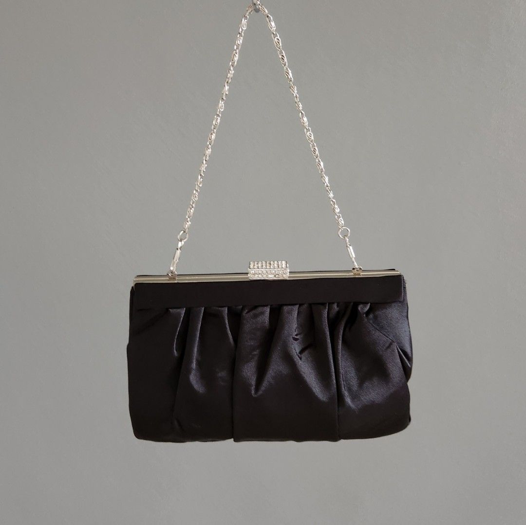 Posh Evening Bag Smooth Black Satin Handbag Clutch Crossbody