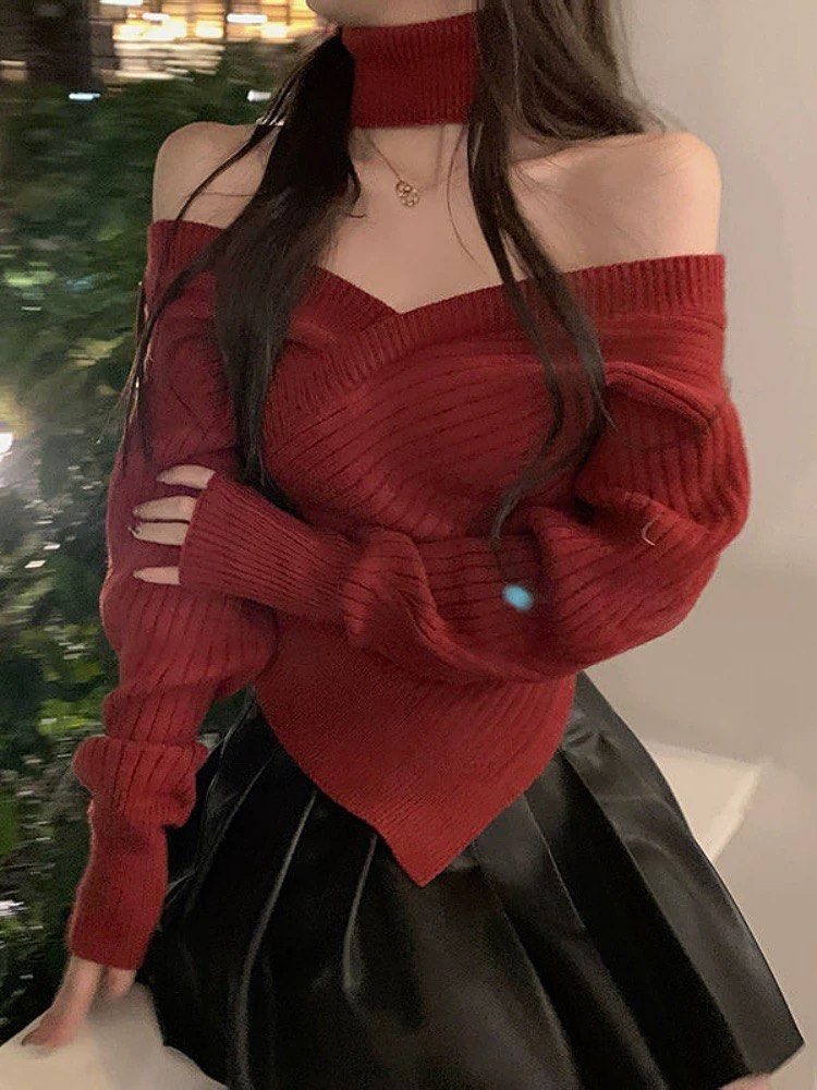 Red sweater deals off shoulder