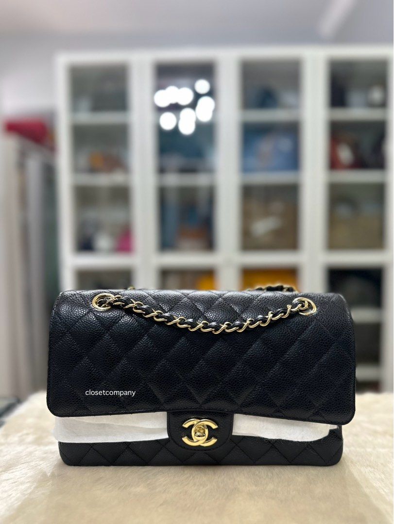 Chanel Vintage Medium Classic Flap, Black Caviar with Gold Plated Hardware,  Preowned in Dustbag GA002