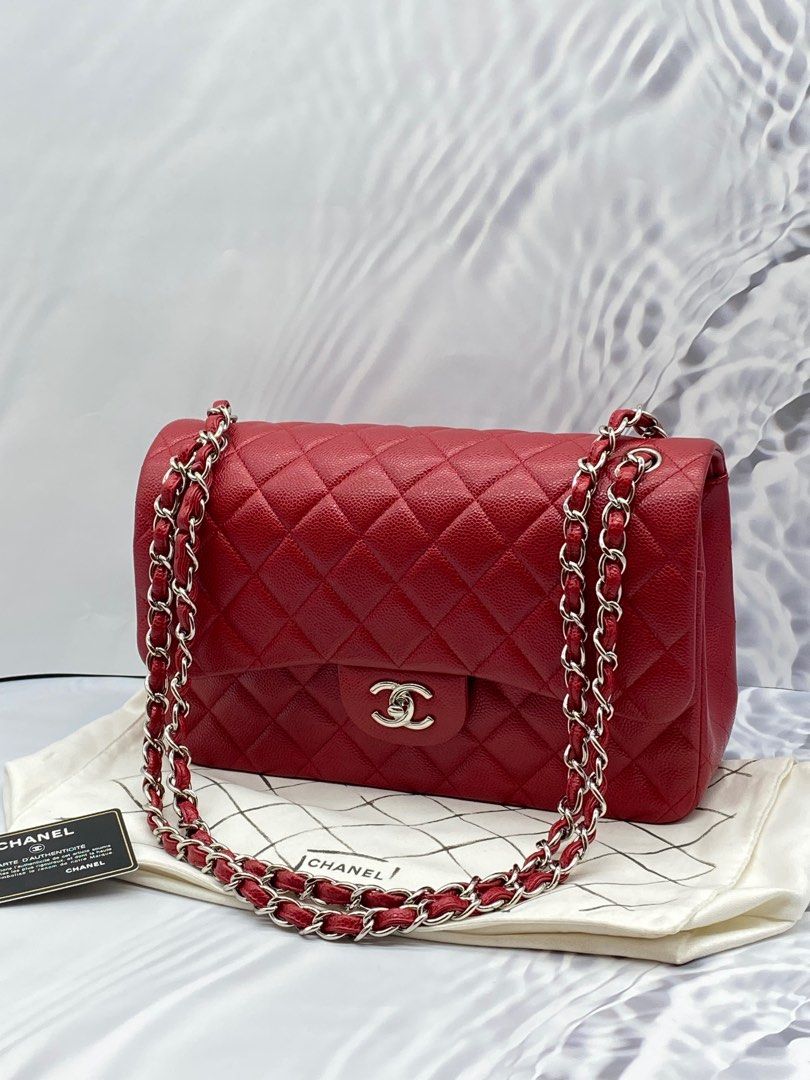 CHANEL JUMBO CLASSIC DOUBLE FLAP RED CAVIAR LEATHER SILVER HARDWARE CHAIN  BAG, Luxury, Bags & Wallets on Carousell