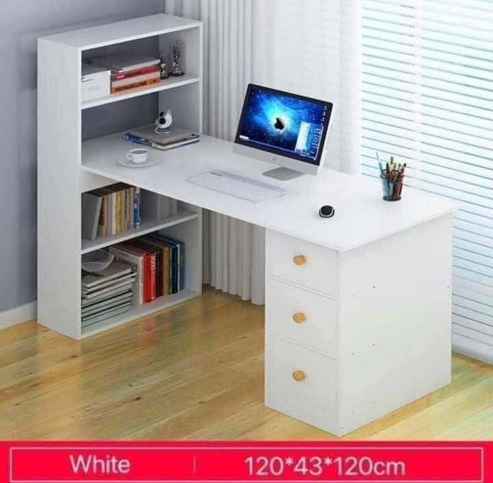 COMPUTER TABLE WITH BOOK SHELVES (Category: Office Furniture & Fixtures) located in Manila. Submitted by dparma28 (Listing ID 1267967823, Image 1). Description: 120cm*43cm*120cm (LxWxH) good quality materials best selling table bnew unassembled nakabox with instruction open for bulk orders and retail. same day delivery cod available.