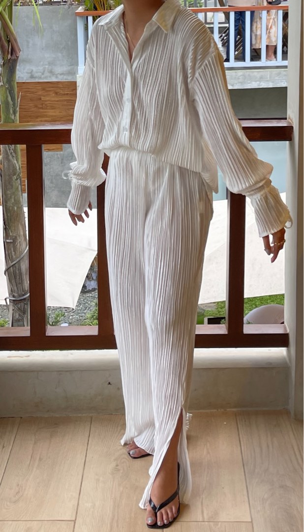 Women White Printed Silk Blend Co-Ords