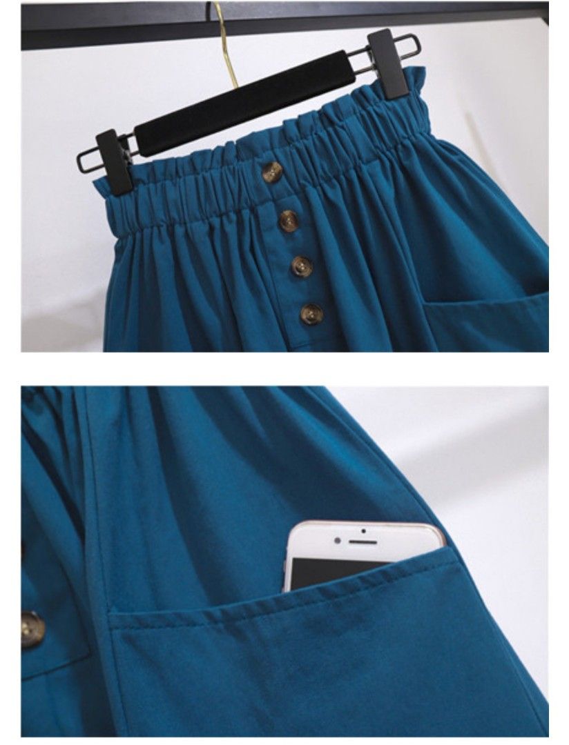 Double pockets Elastic Waist Long Skirt in TEAL Free Size