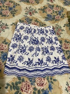 Floral Skirt White Blue Embroidered Cotton Side Zip