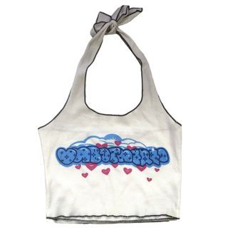 Graphic Halter Neck Crop Top Tied | White Bubble Font y2k vintage cool unik weird retro tube top camisole cami tengtop Tanktop cangsut buntung kaos ikat leher pita bow ribbon gambar rock punk putih rib knit rajut lidi garis ribbed paint kiss tulisan love