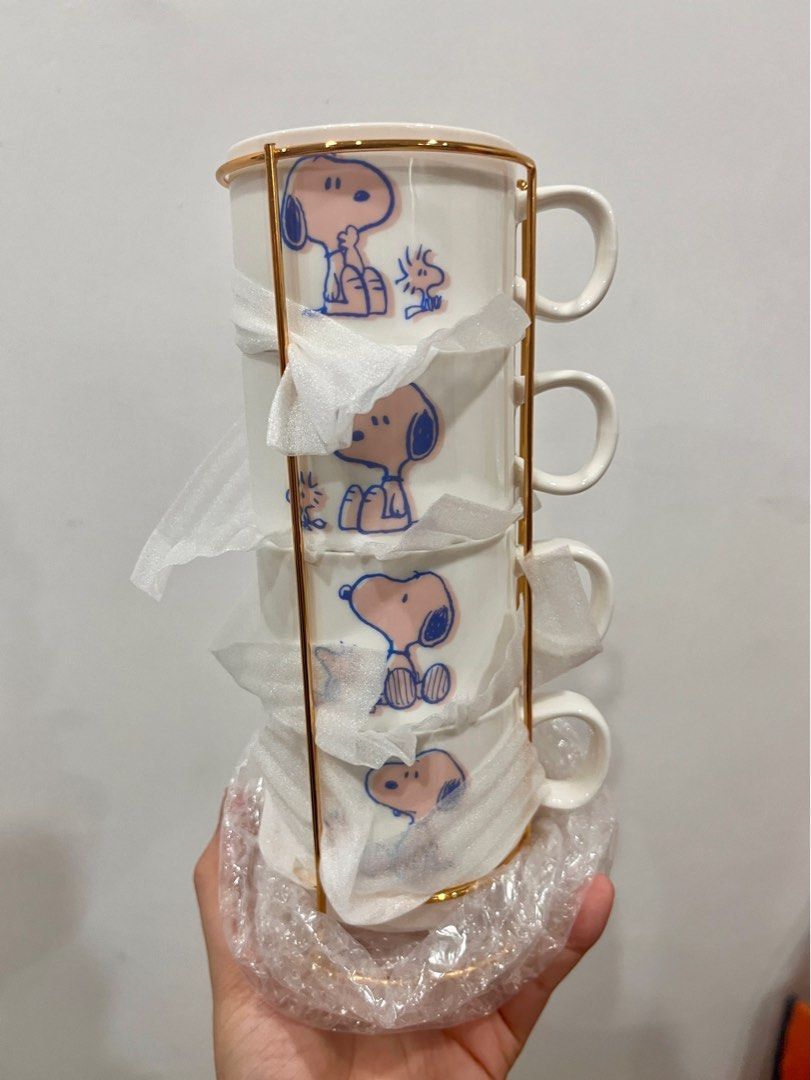Japan Snoopy 4 cup set with metal rack mug glass Toreba Japan Dog gift  house warming unique christmas woodstock bird