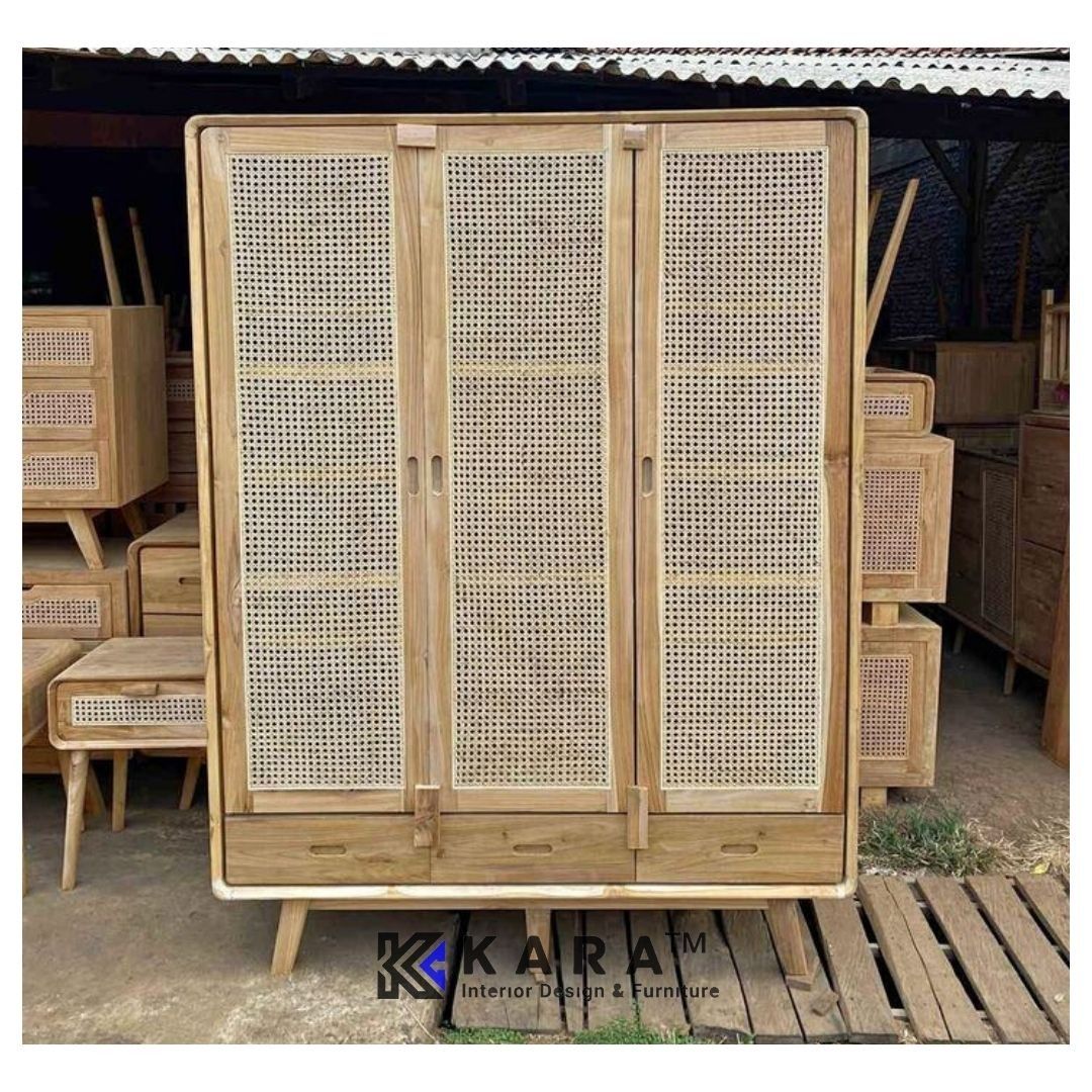 Lemari Pakaian 3 Pintu Kayu Jati Mix Rotan Teak Wardrobe