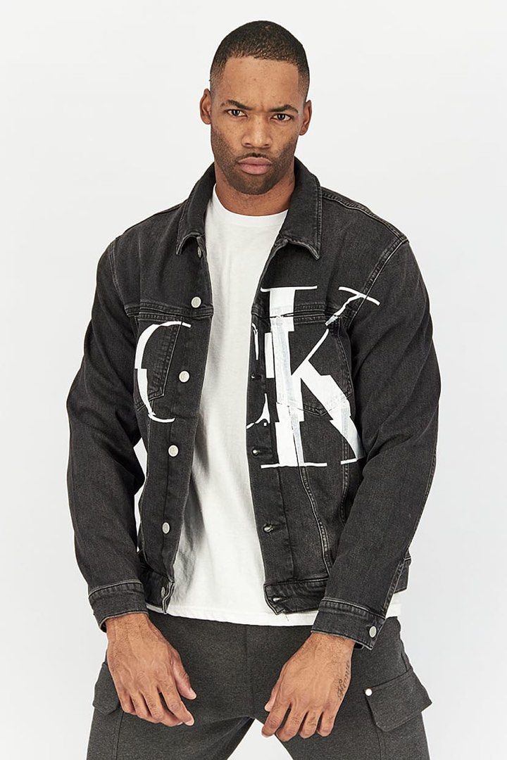 Black denim store jacket with print