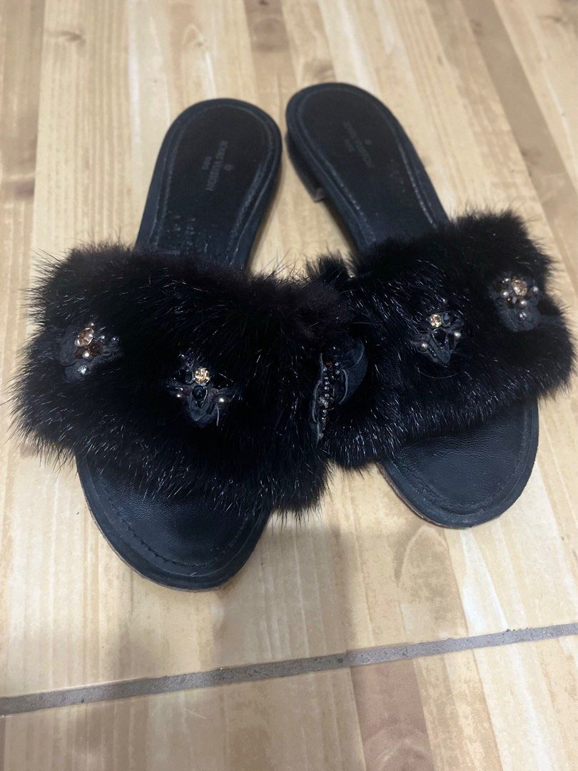 Louis Vuitton Black Mink Fur Crystal Embellished Flat Slides Size