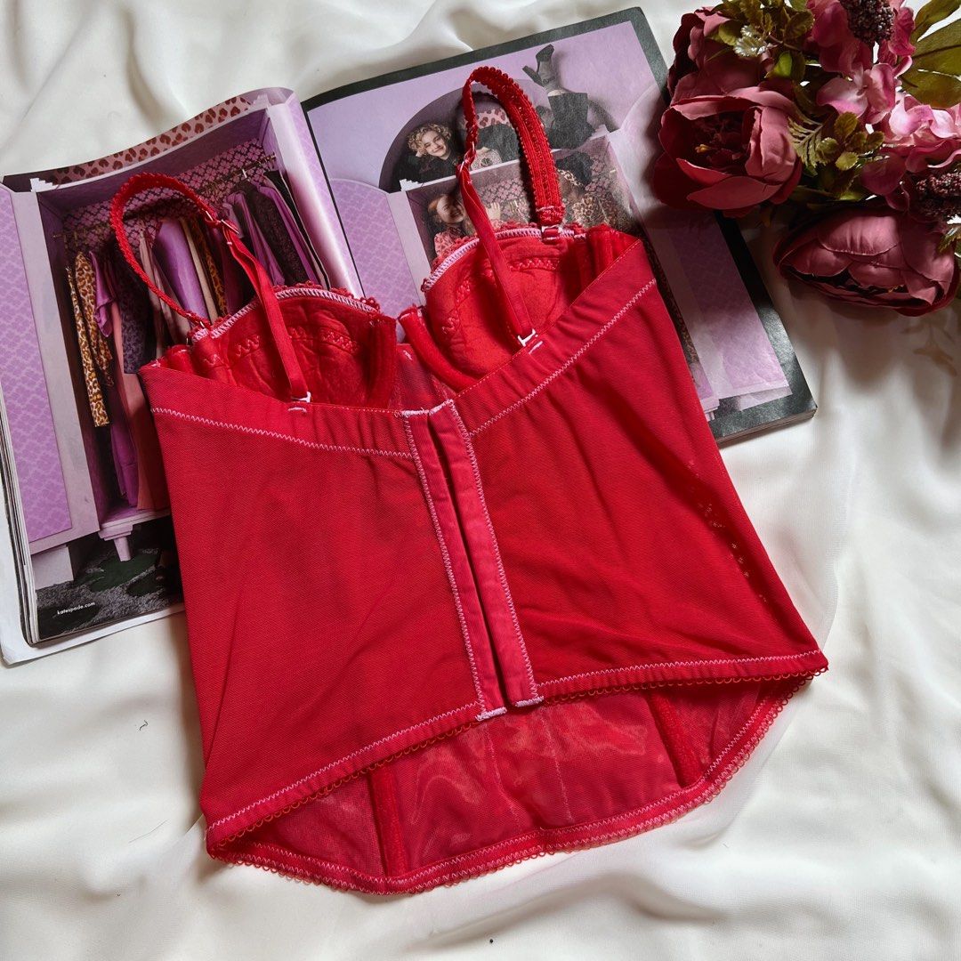 Cherry Red Floral Lace Trim Sweetheart Neckline Bustier Corset Top main image 1