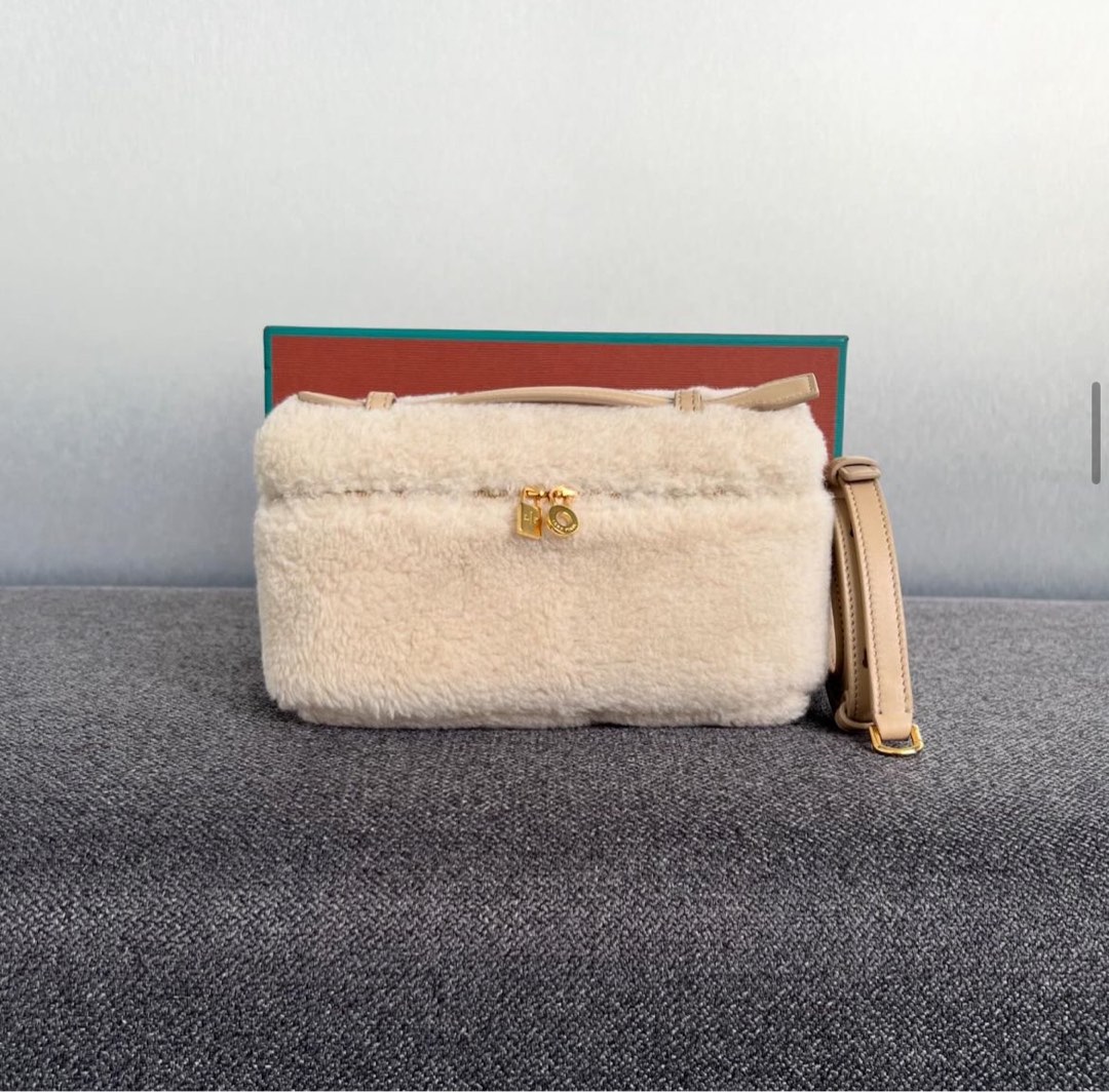 NEW Loro Piana Extra Pocket Pouch L19 Shearling Natural Lghw