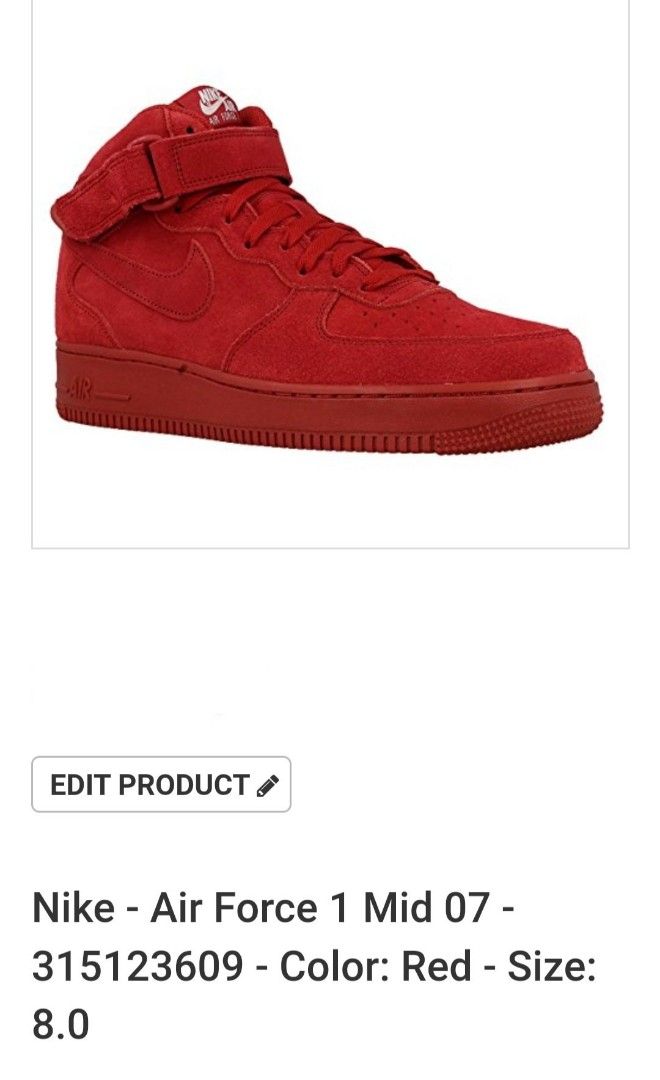 Nike Air Force 1 Mid Cut Size 8 us men 41 eur Triple red GAMUZA