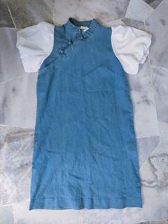 Readystock Nicole Denim Jeans Blue Cheongsam Dress Short Sleeve