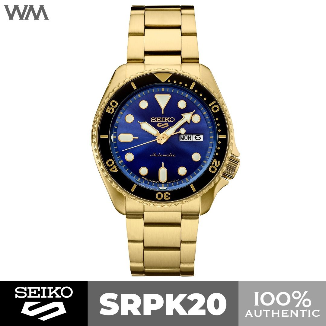 Seiko 5 Sports Gold Finish Blue Dial Black Bezel Stainless Steel Automatic Watch US Exclusive