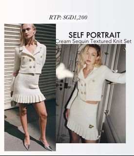 Self Portrait Cream white knit sequin textured set top skirt
