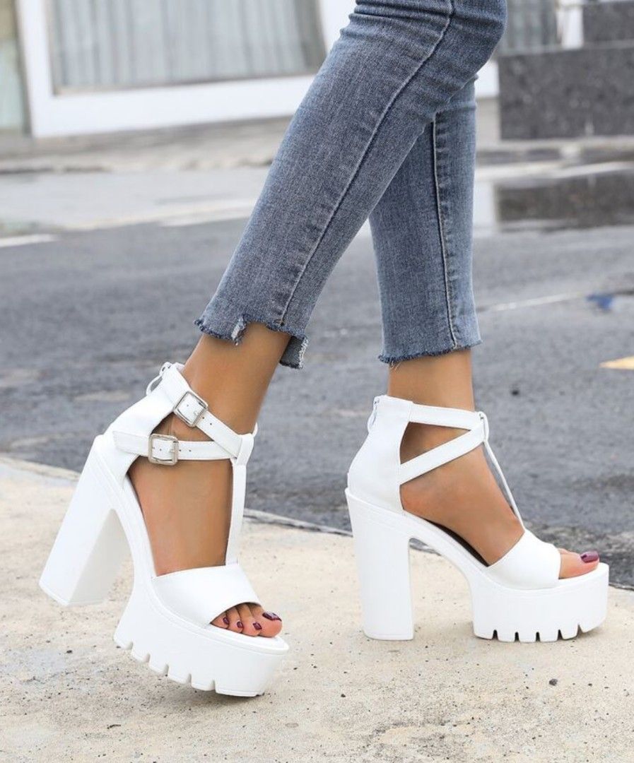 SHEIN White Chunky Heeled Sandals Women s Fashion Footwear