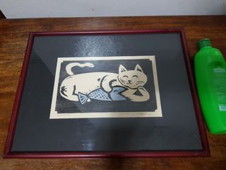 Signed Art Print Cat on Black Vintage Frame