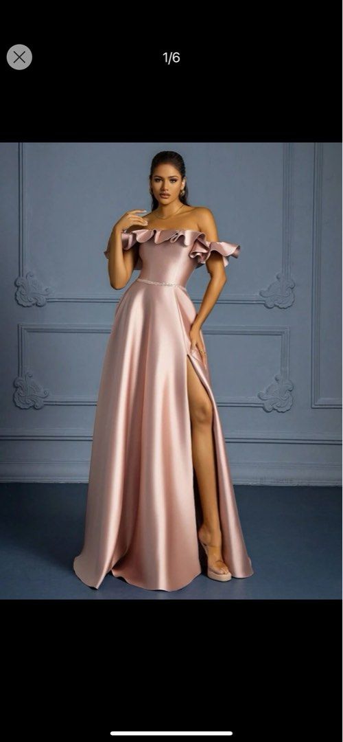 Satin Off Shoulder Evening Dress With High Slit And Ruffled Hemline ...