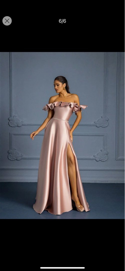 Satin Off Shoulder Evening Dress With High Slit And Ruffled Hemline ...