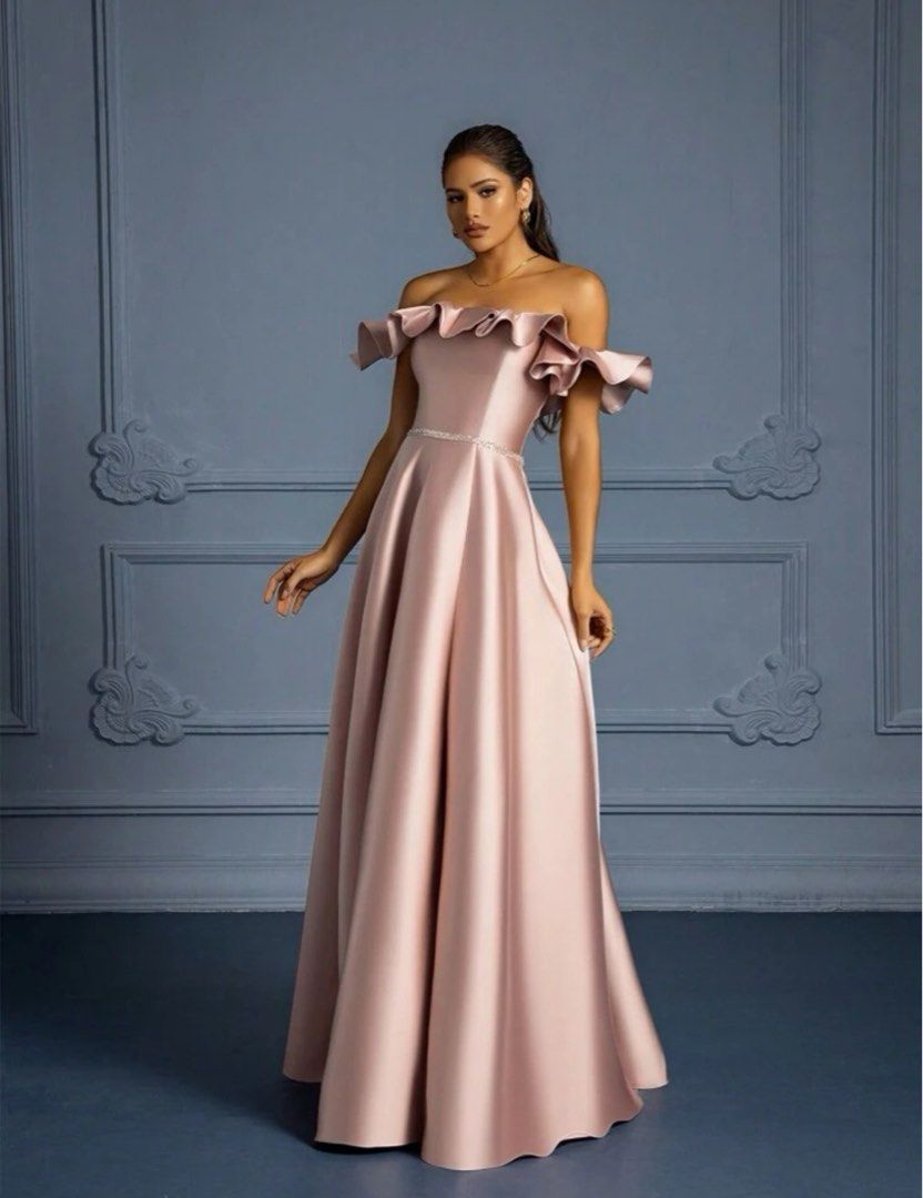 Satin Off Shoulder Evening Dress With High Slit And Ruffled Hemline ...