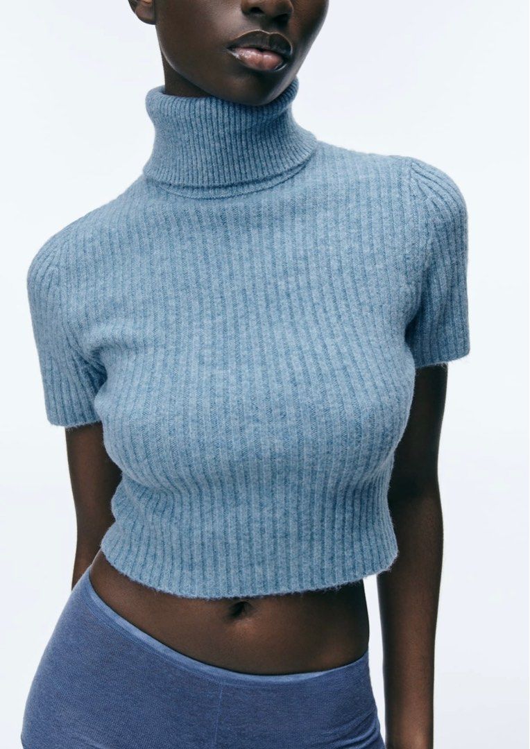 ZARA SHORT SLEEVE RIBBED KNIT SWEATER TURTLE NECK BABY BLUE Women s Fashion Tops Sleeveless on Carousell