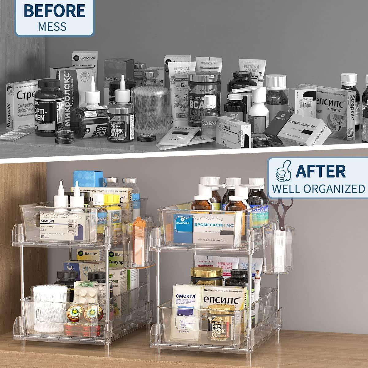 2 Tier Clear Organizer with Dividers, Pantry Organization Multi Purpose  Slide-Out Bathroom, Kitchen Medicine Cabniet Bins, Under Sink Organizers  and Storage, 2 Pack, Furniture & Home Living, Furniture, Shelves, Cabinets  & Racks