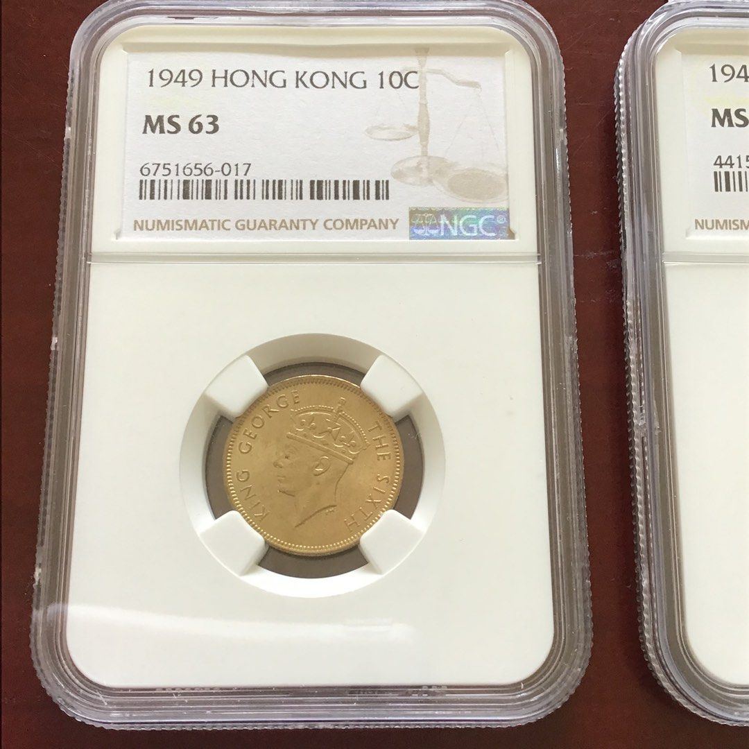 香港早期硬幣1949年喬治六世香港一毫，香港五仙，一共二個，NGC評MS63x2，標價是兩個一起的價錢，不是單個的價格，C90, 興趣及遊戲,  收藏品及紀念品, 錢幣- Carousell