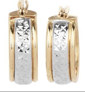 Beautiful  14K Yellow & White Gold Textured Hoop Earrings with Latch Backs for Pierced Ears