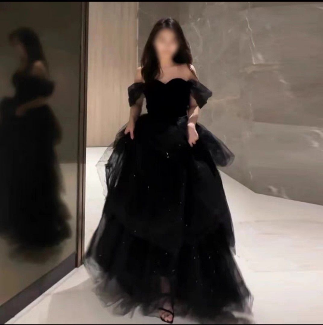 Brand new instock black prom dress gown with ribbon