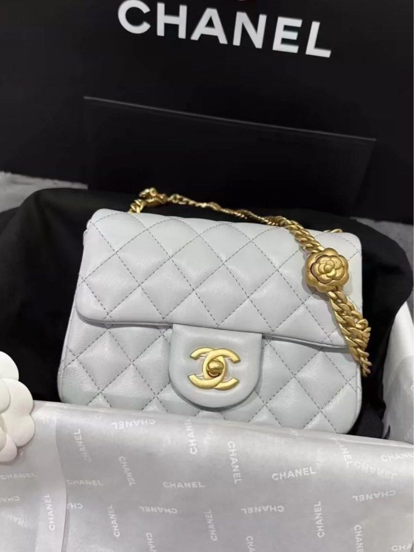 Chanel🩶灰色山茶花調節扣方胖子全新全套💖✨, 名牌, 手袋及銀包- Carousell