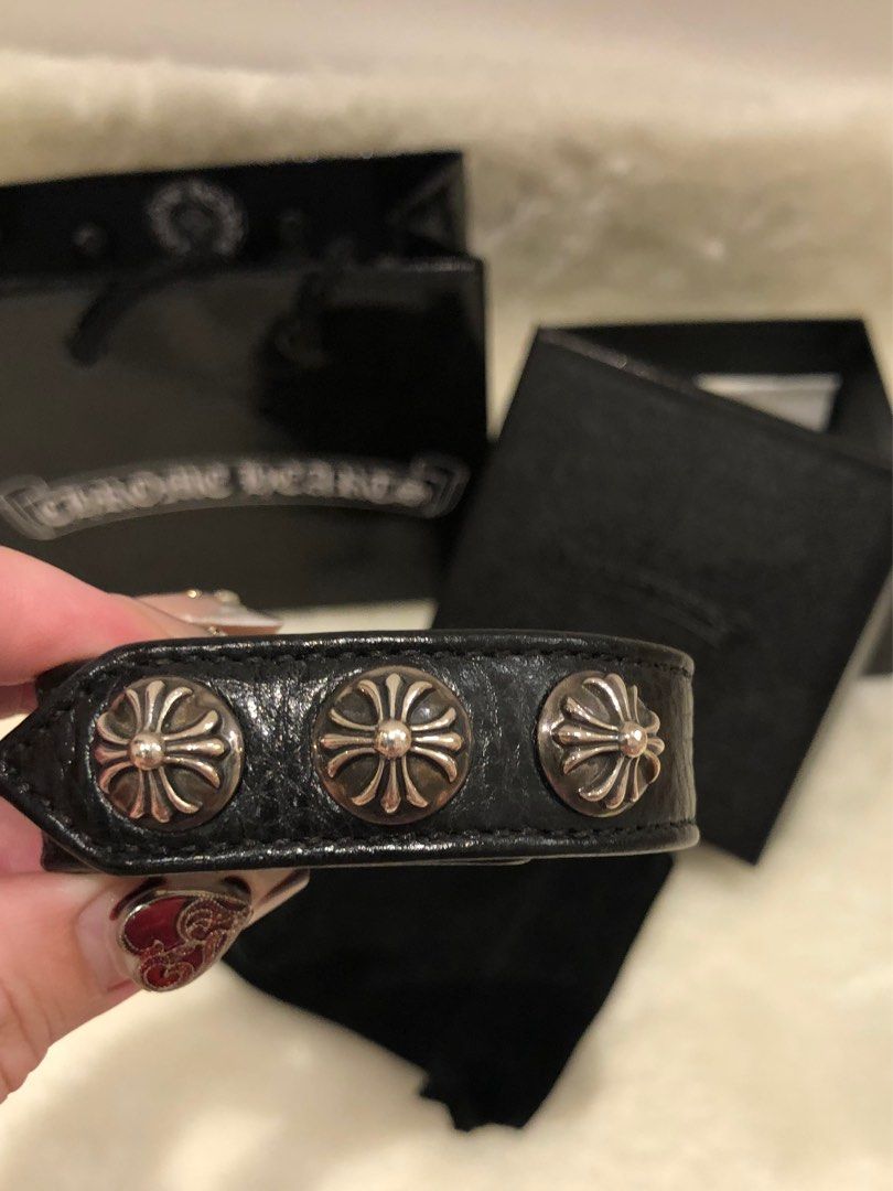 Chrome Hearts Sterling Silver Cross Snap Button Black Leather