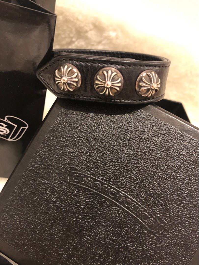 Chrome Hearts Sterling Silver Cross Snap Button Black Leather