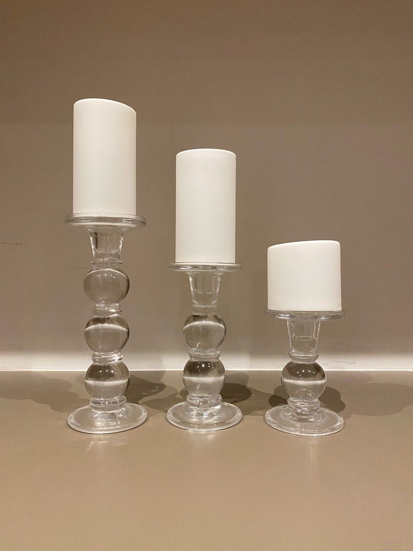 Crystal Pillar Candle Holder with flameless candle (Set of 3