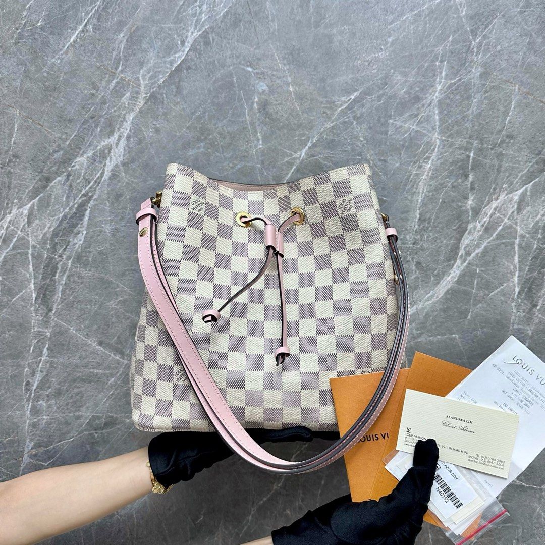 Full Set LV NeoNoe MM Damier Azur Pink Bucket Shoulder Bag Louis