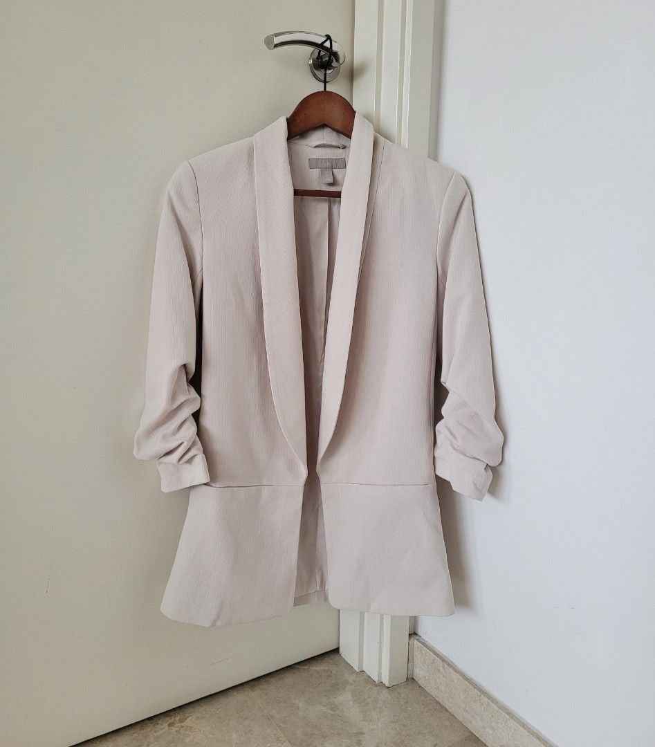 H M Ruched Sleeve Nude Lapel Blazer