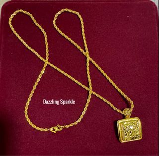 Necklace Set (100% Bangkok premium 999.9/916 Gold plated rope chain and gold biscuit pendant Set/ 916 engraved chop with pendant and necklace/lebar: width 3mm/ length: panjang 70cm( Mix gold with gajah necklace set $90)