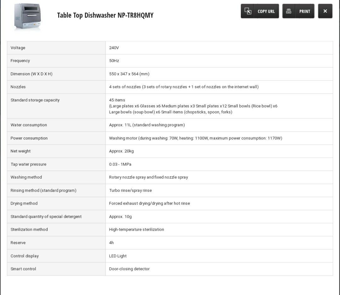 Panasonic Table Top Dishwasher NPTR8hQMY, TV & Home Appliances