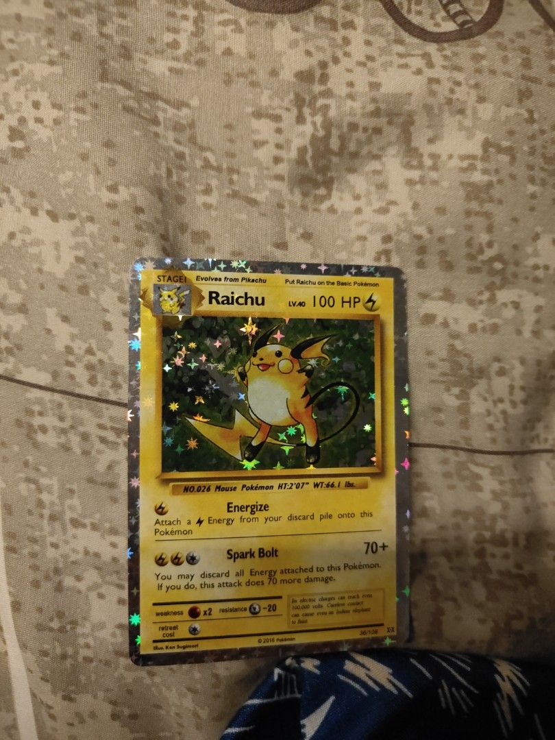 2016 raichu pokemon card value Near Mint including damage Raichu 36/108 reverse holo, Toys