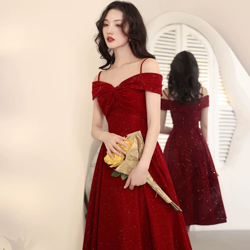 Red full length cheap evening dress