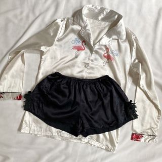 SATIN PAJAMAS SET PIYAMA SLEEPWEAR BAJU TIDUR BROKEN WHITE BLACK FLAMINGO