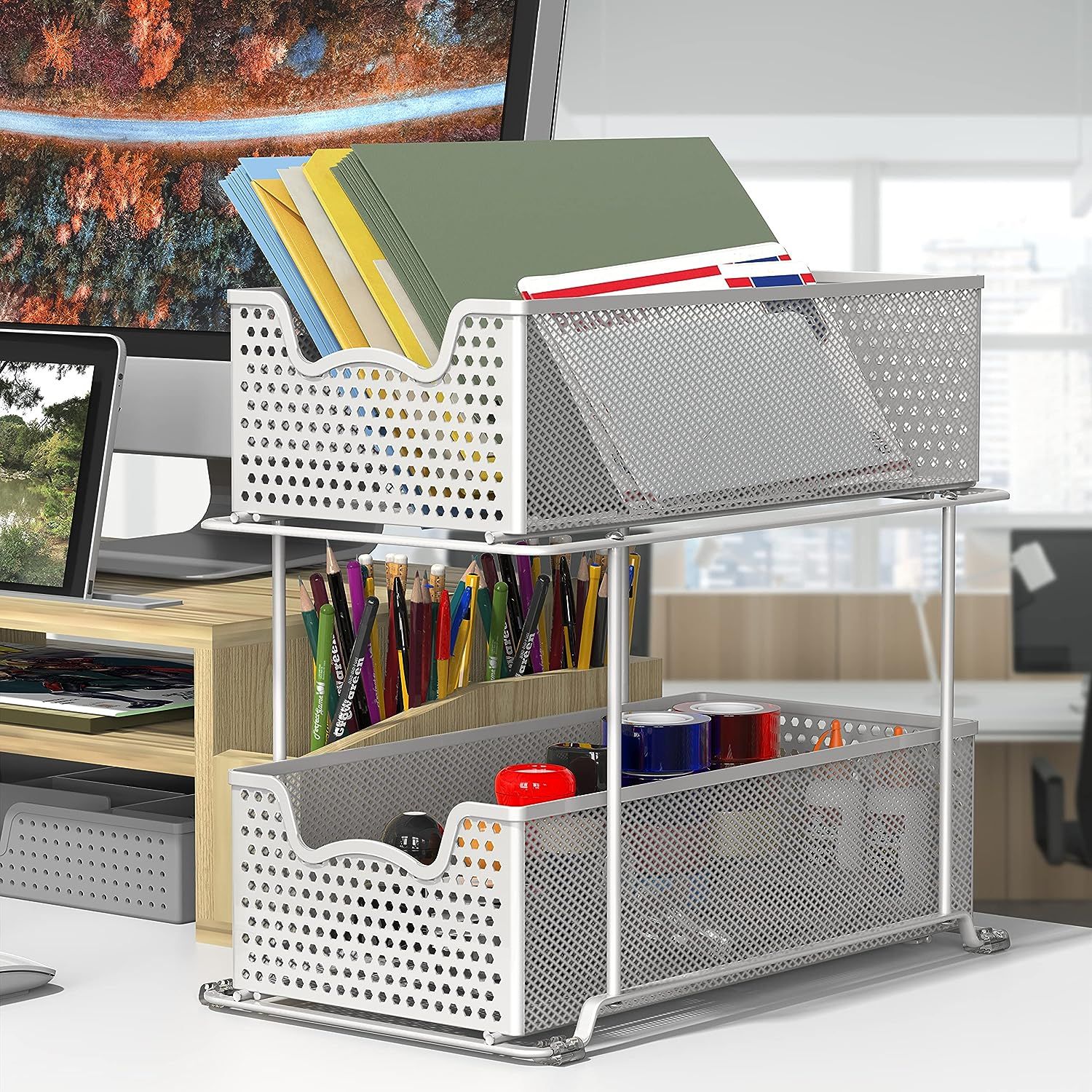 Simple Houseware 2 Tier Sliding Basket Organizer Drawer, White