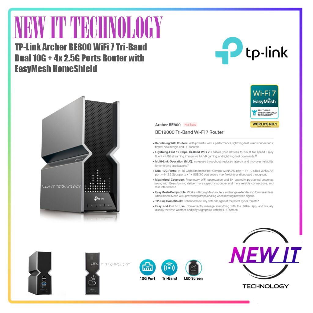 TP-Link Tri-Band BE19000 WiFi 7 Router (Archer BE800) | 12-Stream 19 Gbps |  2 × 10G + 4 × 2.5G Ports | LED Screen | 8 High-Performance Antennas | VPN