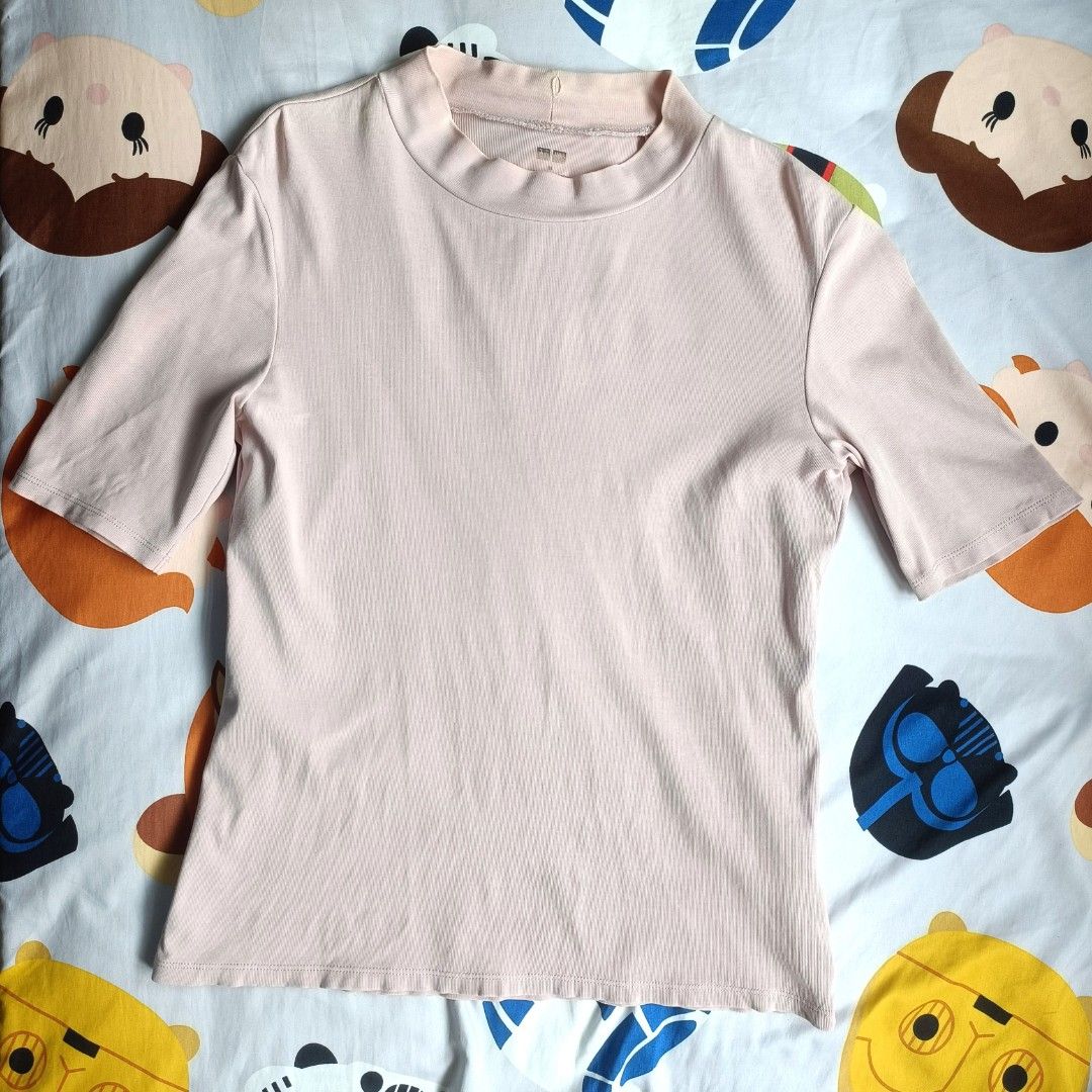 Uniqlo mock neck half sleeve t shirt pink shirt top blouse pale pink colour plain women s ladies girl female smart casual formal Preloved cheap sale