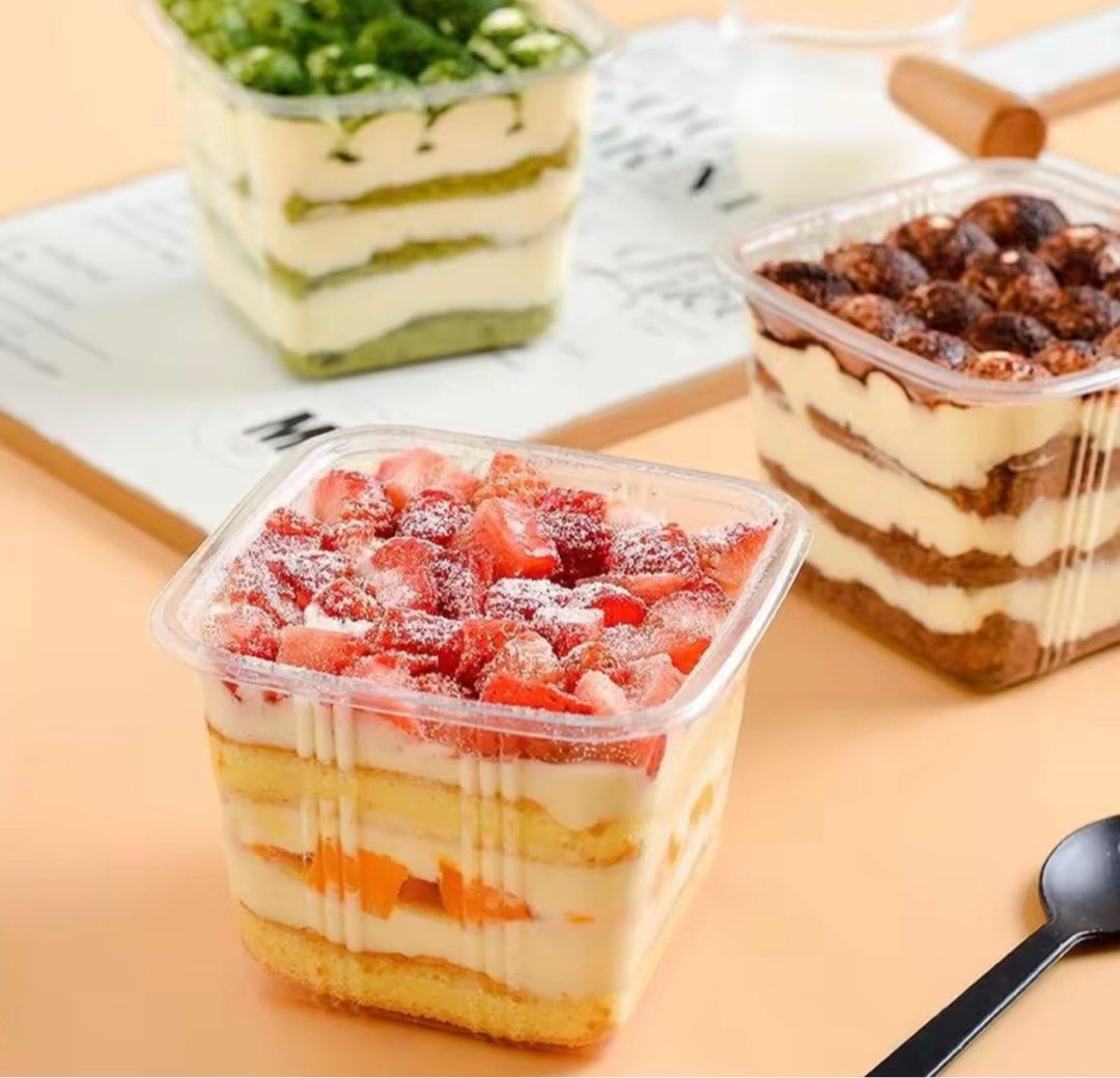 380ml (50pcs)PTE Food Container Mini Dessert Cup Rectangular Plastic With  Lid, Food & Drinks, Packaged & Instant Food on Carousell