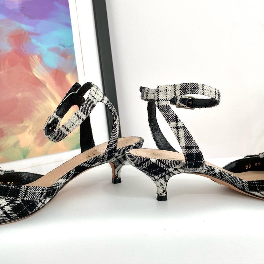 Authentic Dior Black White Tartan Ankle Strap Kitten Heels