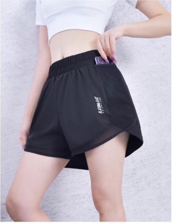 Black Summer Running Sports Shorts with Pockets in Black Women s