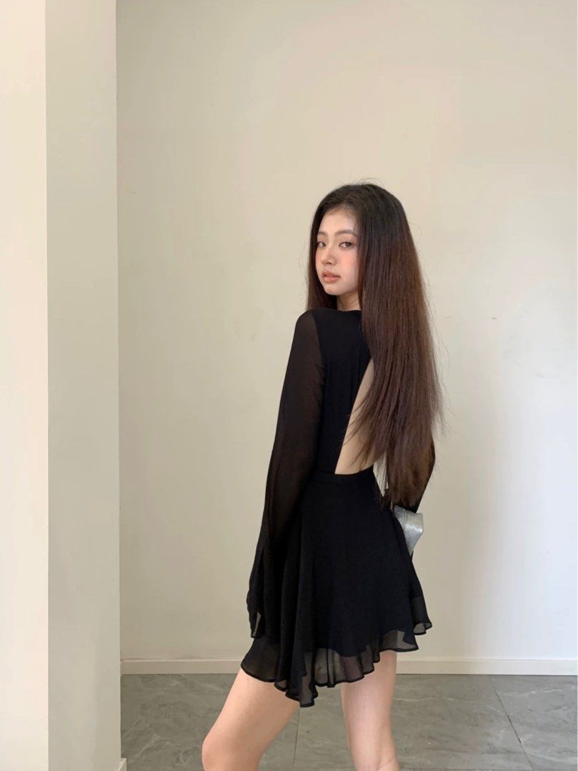 BN INSTOCK Black Long Flare Trumpet Sleeve Blackless Rose Blackpink Party Casual Cute Sexy Short Mini Dress Women s Fashion Dresses Sets Dresses on Carousell