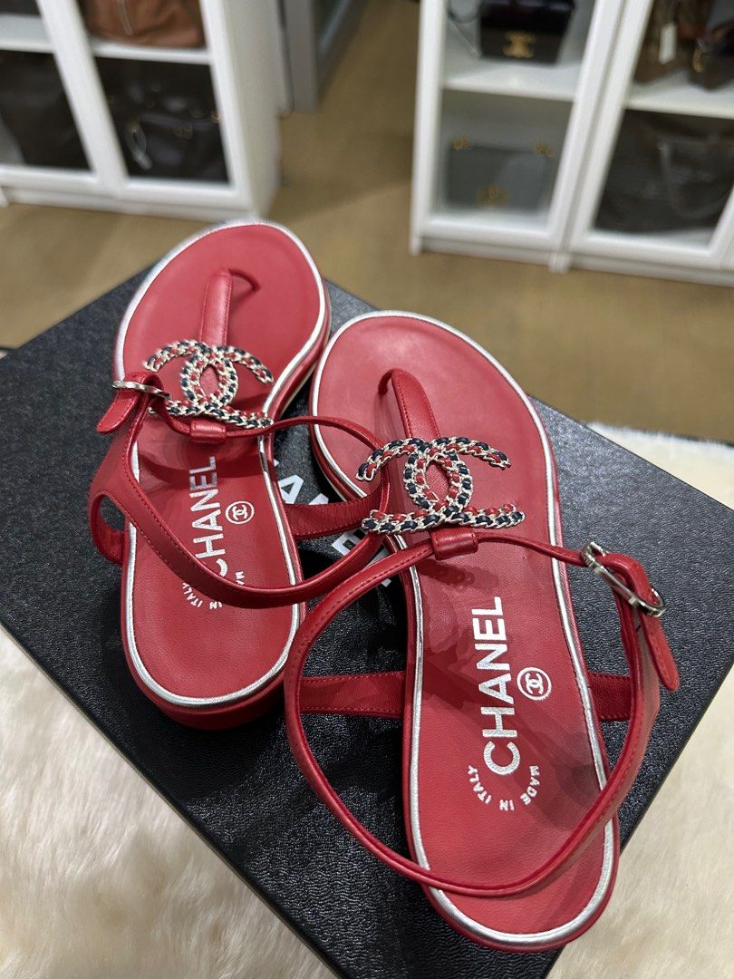 Chanel CC Logo Red Leather T Strap Flat Sandals Luxury Sneakers